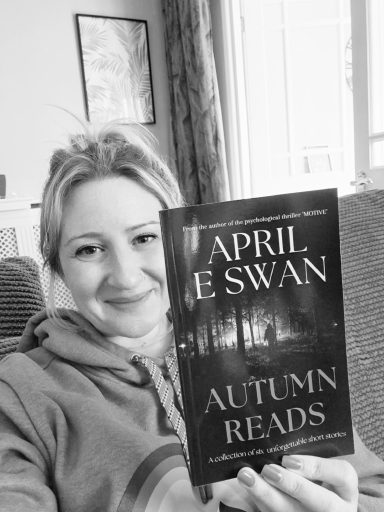 Black and white image, woman holding a book, book title 'Autumn Reads'